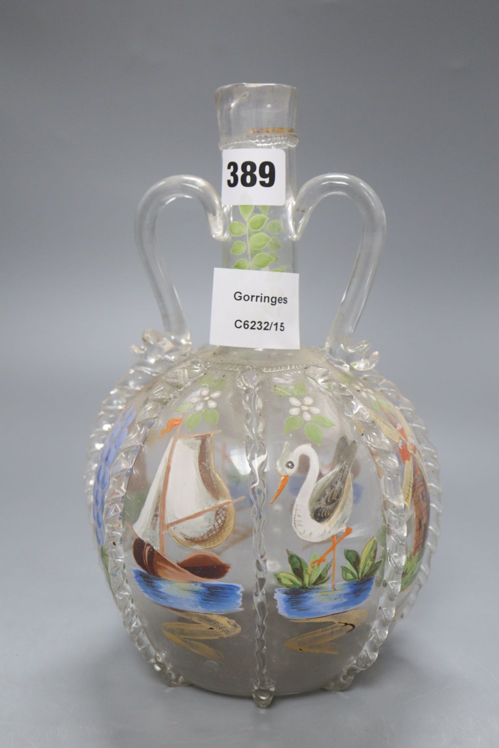 A Belgian enamel painted glass decanter, height 25cm